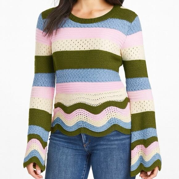Jessica Simpson Sweater Sz XS Multicolor Striped Knit Retro Bell Sleeve Pullover - Picture 1 of 8